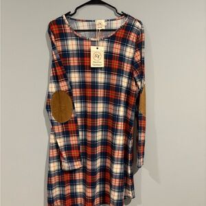 G&E Plaid Long Sleeve Dress with Suede Elbow Patches - NWT